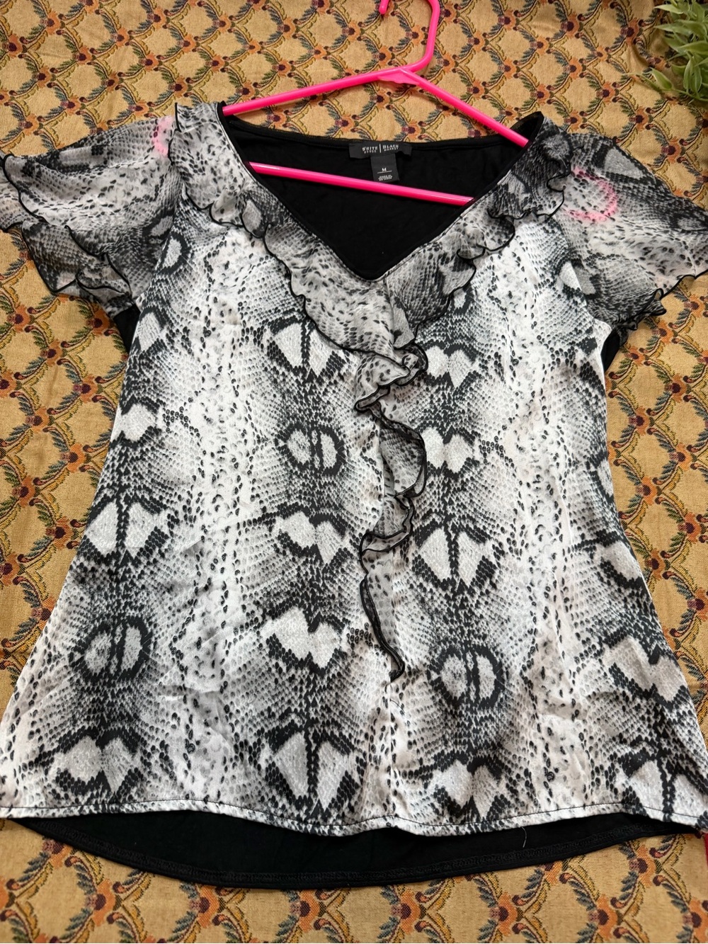 White House Black Market Snake Print Ruffle V-Neck Blouse